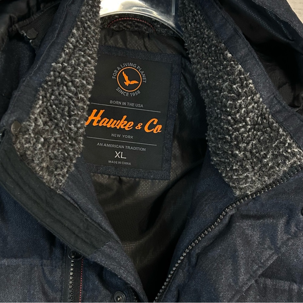 Hawke & Co Mens Down Puffer Coat XL Zip Hooded Navy Performance Cabin Trails - Picture 3 of 8